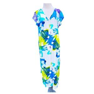 Jams World~Since 1964~Mumu style dress~colorful print dress~curved hem~Sz Large